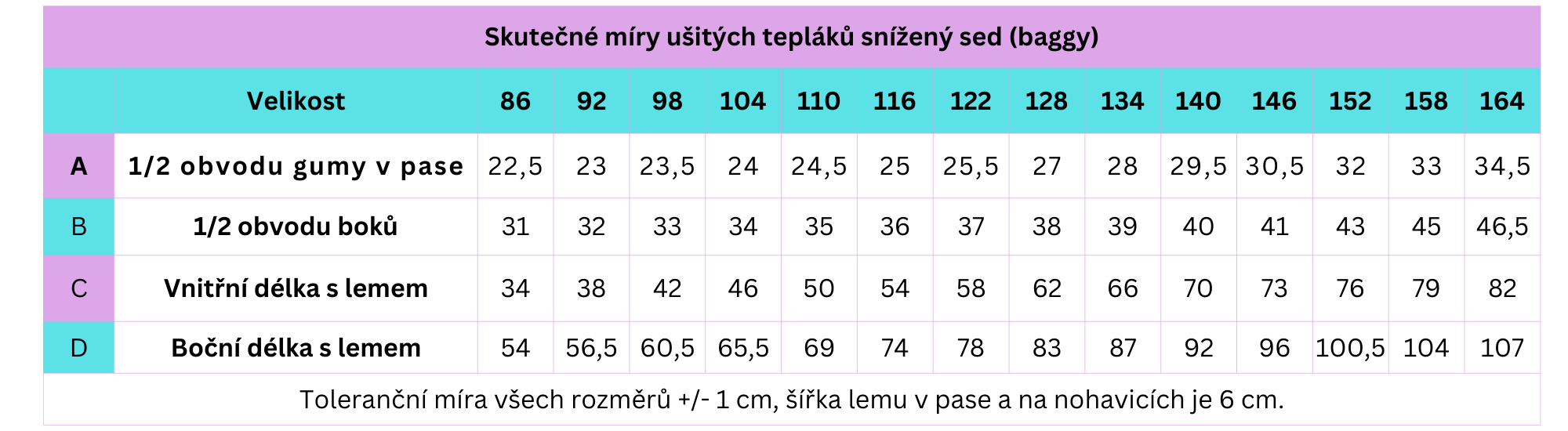 Skutečné míry ušitých tepláků snížený sed (baggy)